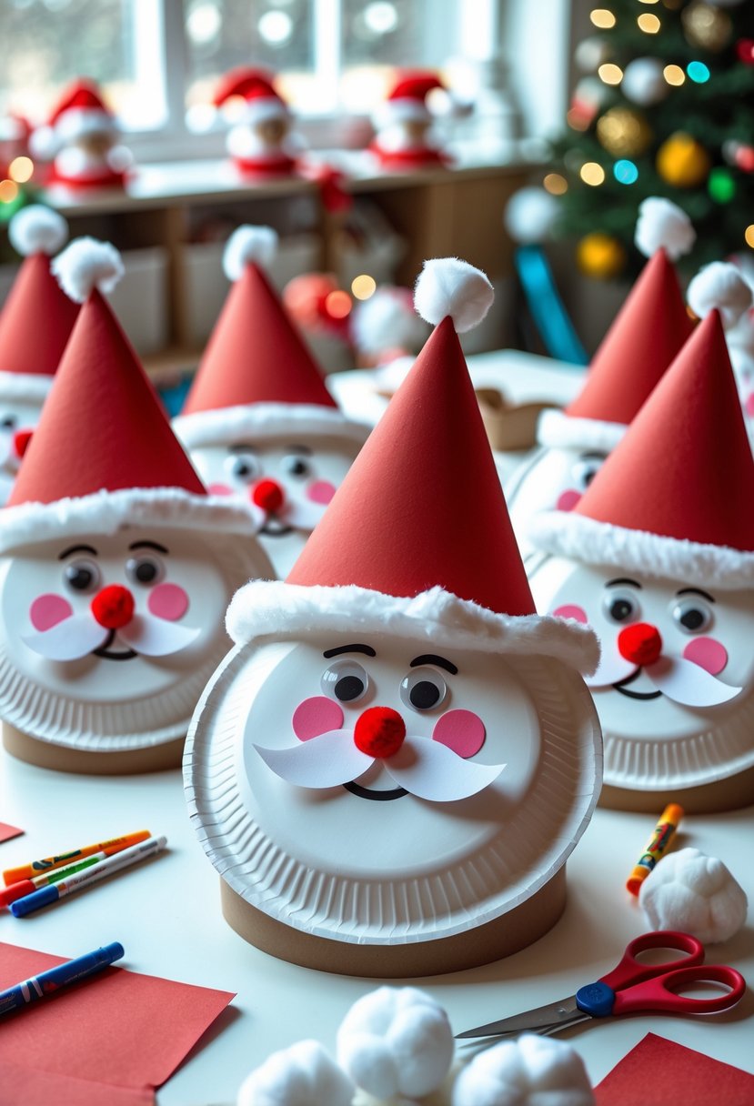 A classroom table with colorful paper plate Santa faces and craft supplies arranged for a Christmas craft activity.