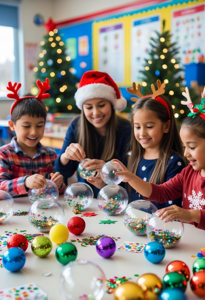 Children and a teacher decorating clear plastic Christmas ornaments with craft supplies in a classroom.