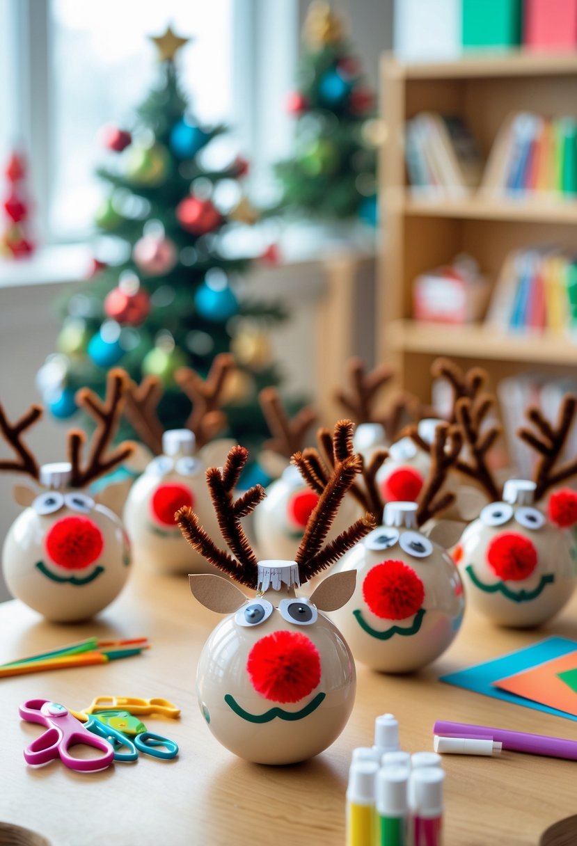 Handmade Christmas reindeer ornaments made from children's handprints displayed on a table and small tree in a classroom with craft supplies.