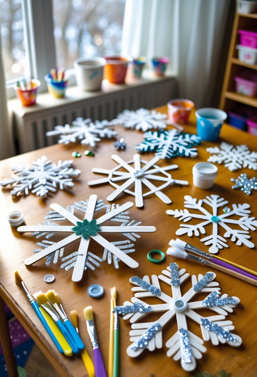 A table displaying handmade snowflakes made from popsicle sticks decorated with glitter and beads, surrounded by craft supplies in a classroom.