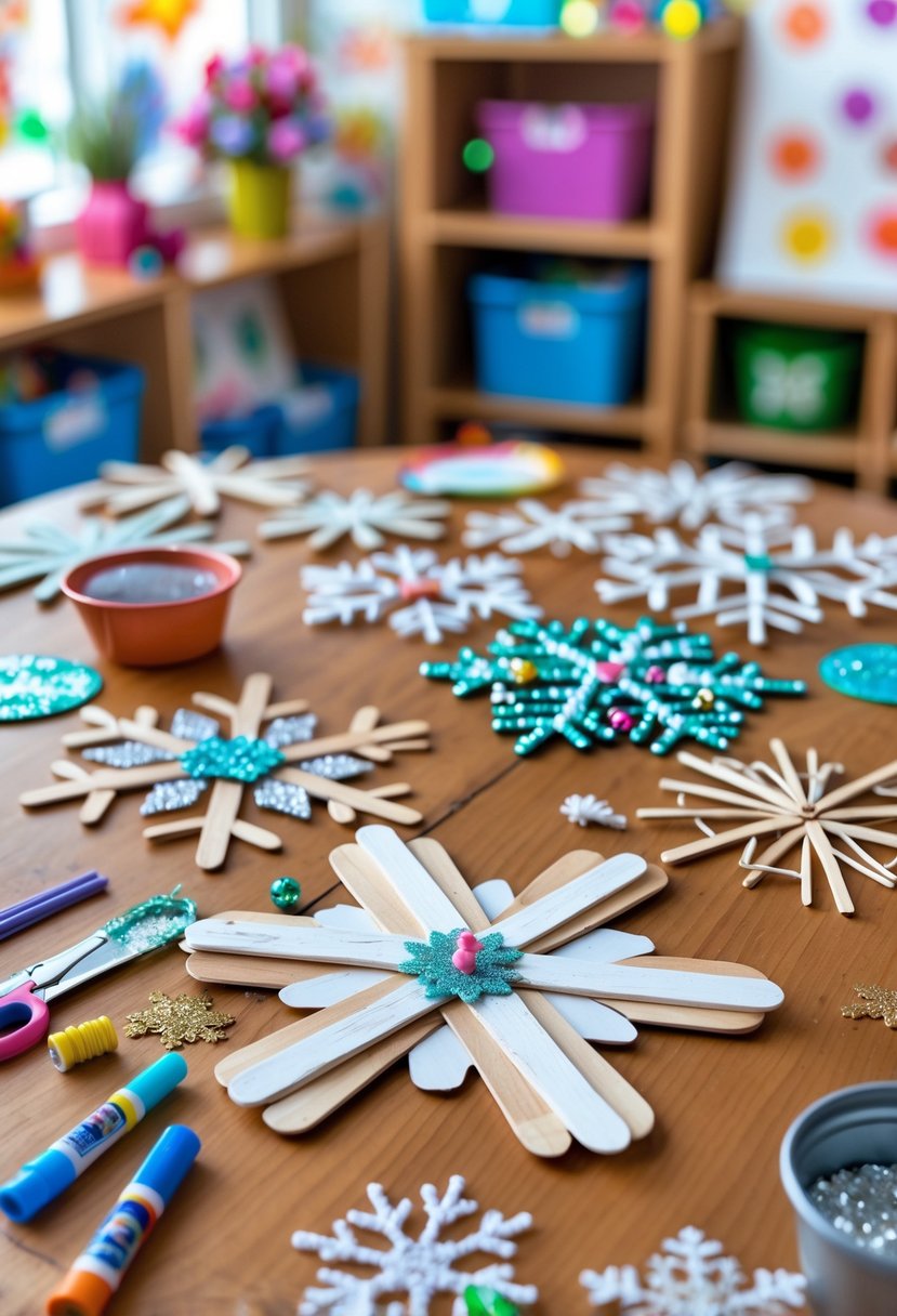 A table in a classroom with handmade snowflakes made from popsicle sticks and craft supplies around them.