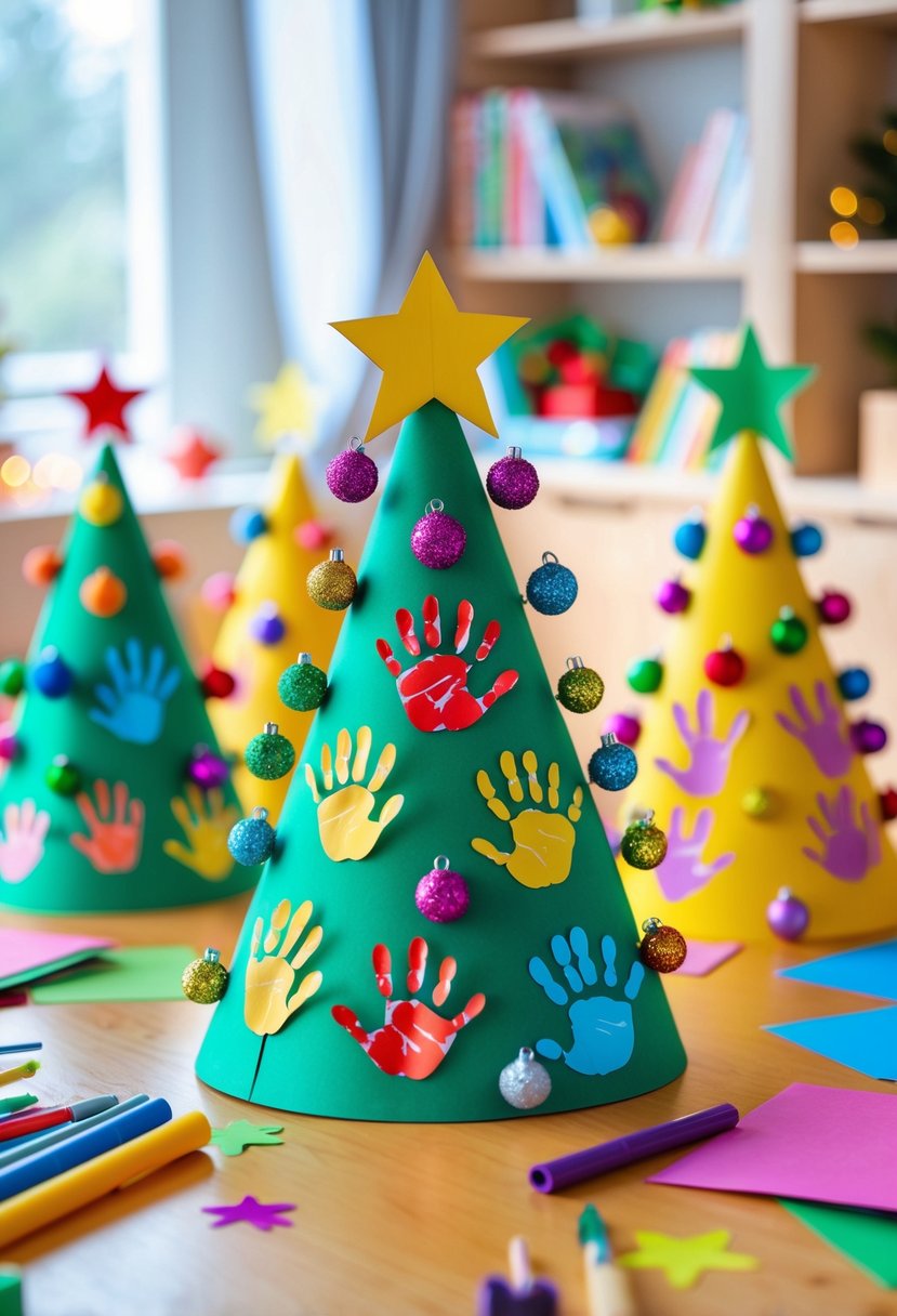 A classroom table displaying colorful Christmas trees made from children's handprints with art supplies scattered around.