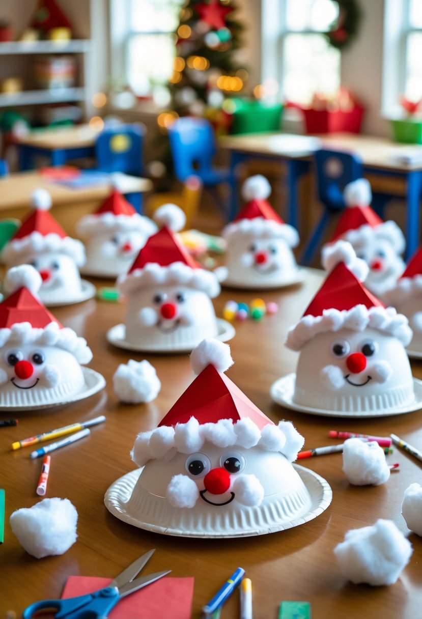 A classroom table with several paper plate Santa faces made from craft materials and scattered art supplies around them.