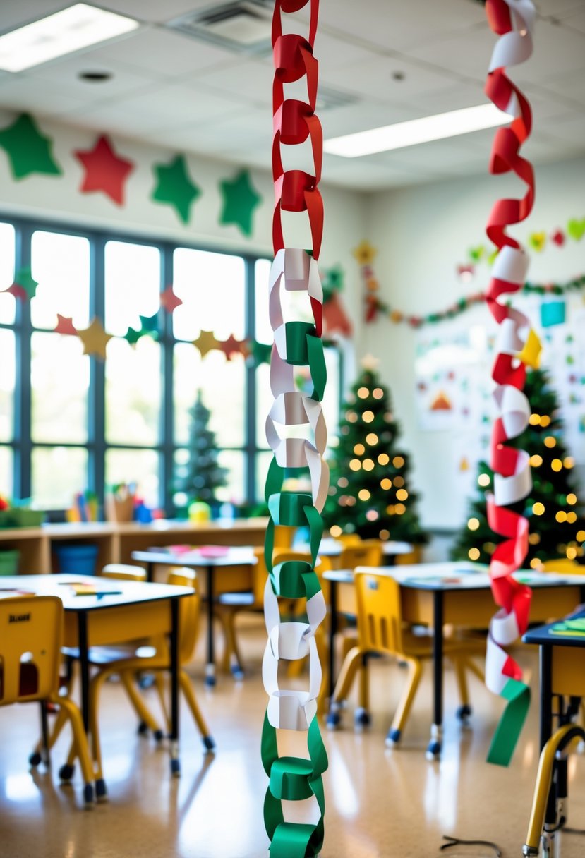A classroom decorated with a colorful paper chain garland and holiday crafts on desks.