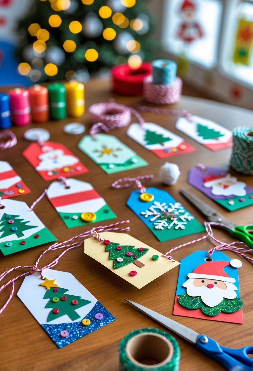 A table filled with colorful handmade Christmas gift tags and crafting supplies in a classroom setting.
