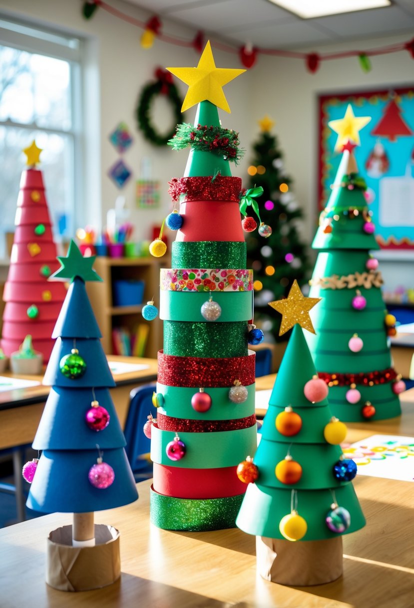 A classroom table displaying several Christmas trees made from stacked toilet paper rolls decorated with colorful paper and ornaments.