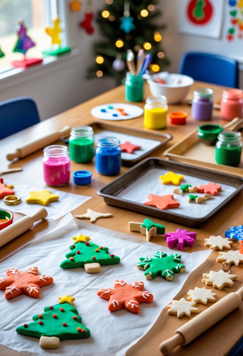 A classroom table with handmade salt dough Christmas ornaments, paintbrushes, paints, and craft supplies arranged for a holiday craft activity.