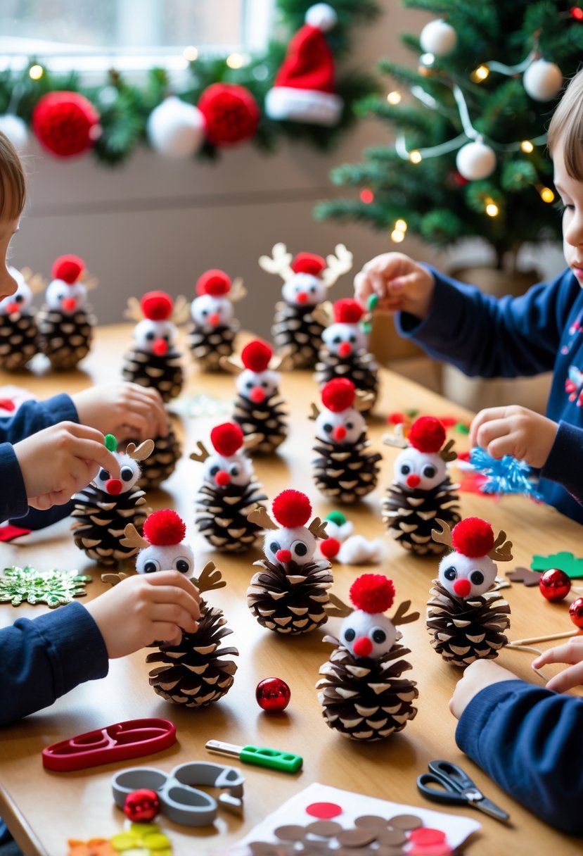 Children's hands creating pinecone Rudolph Christmas crafts on a table filled with craft supplies in a decorated classroom.