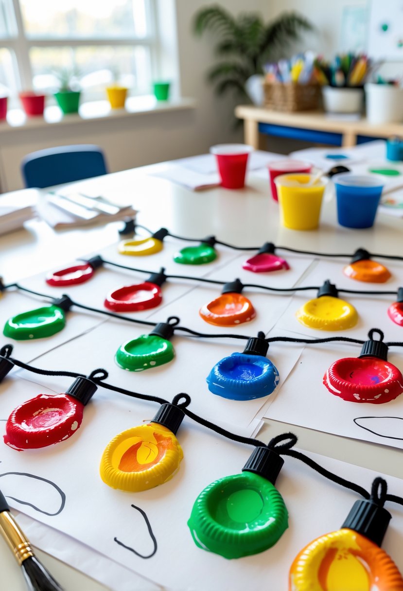 A classroom table displaying colorful thumbprint Christmas lights crafts made from painted fingerprints connected by drawn strings.