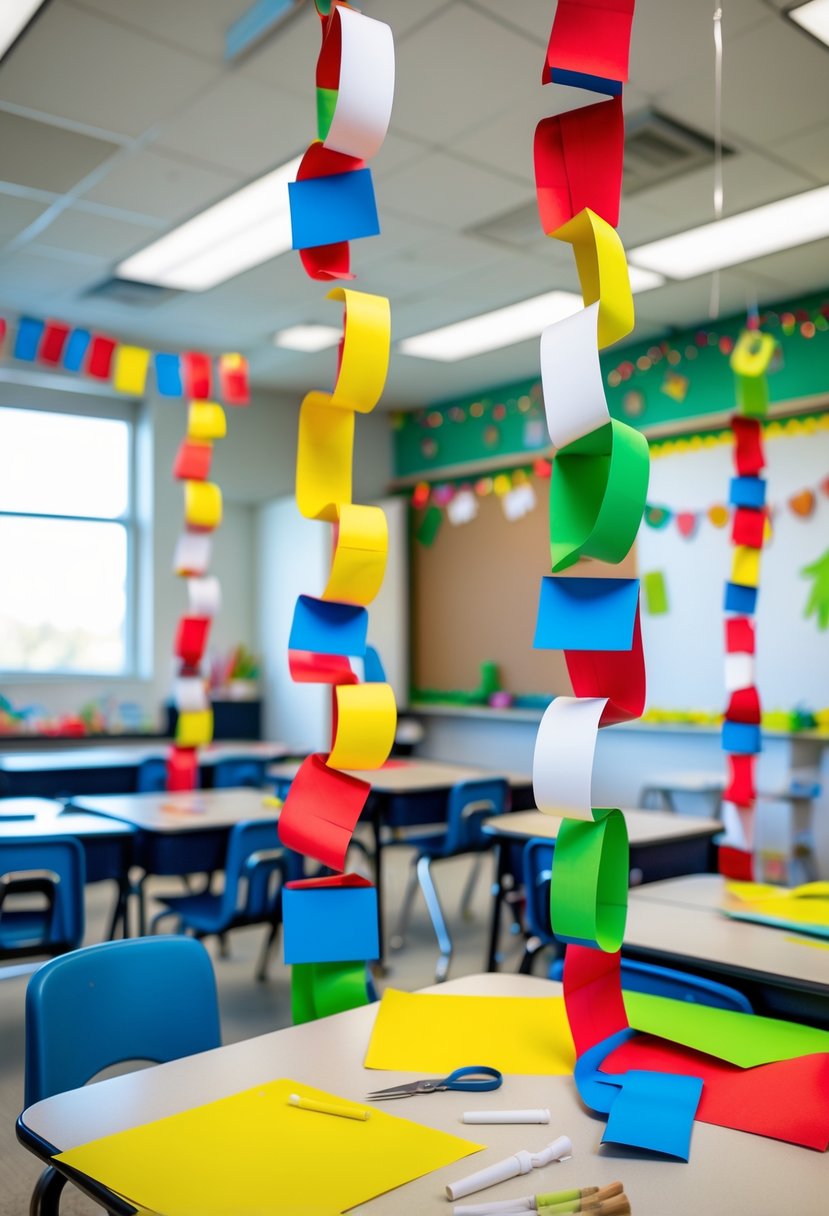 Colorful paper chain decorations hanging in a classroom with craft supplies on desks.