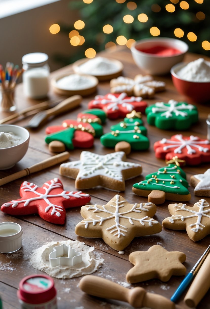 A table with handmade salt dough Christmas ornaments and crafting supplies arranged for a holiday craft activity.