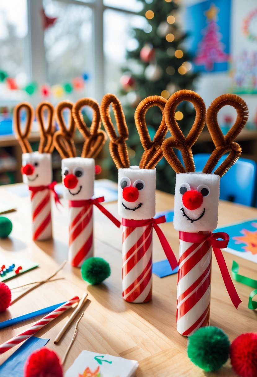 A classroom table displaying several candy cane reindeer crafts made with googly eyes, red noses, and pipe cleaner antlers surrounded by art supplies.