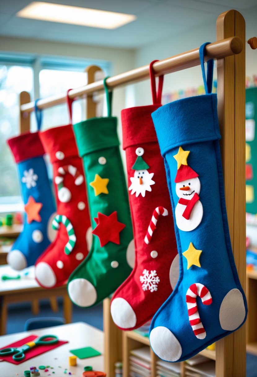 Colorful felt Christmas stockings hanging in a classroom with craft supplies on a table nearby.