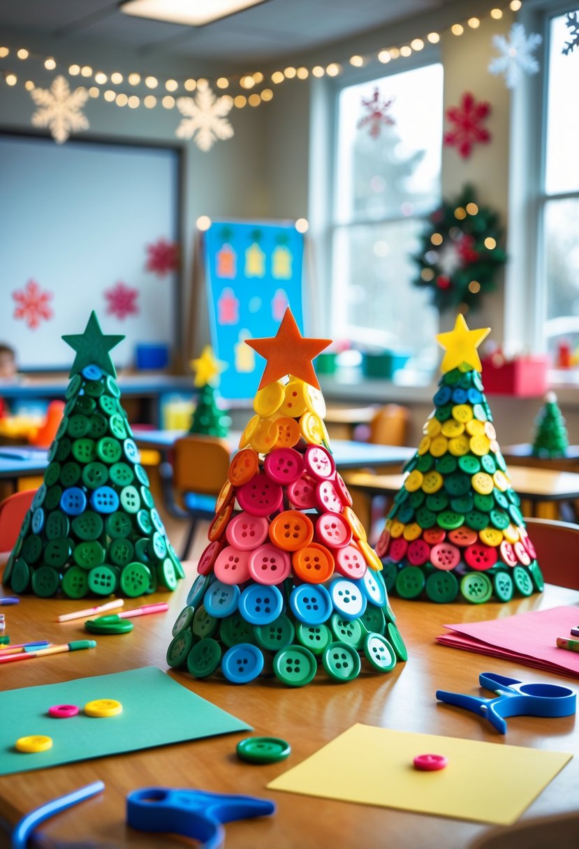 A classroom table displaying handmade Christmas trees made from colorful buttons surrounded by craft supplies with festive decorations in the background.