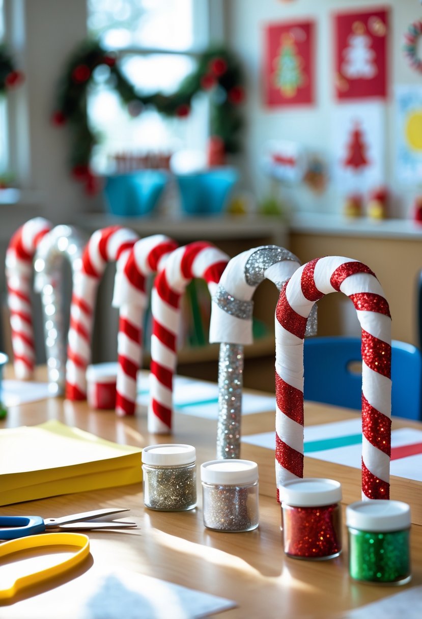 A classroom table with glittery paper candy cane crafts and crafting supplies arranged for a Christmas project.
