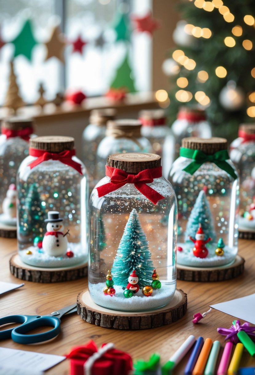 Several glittery snow globe jars with miniature Christmas scenes inside arranged on a table with crafting supplies in a classroom setting.