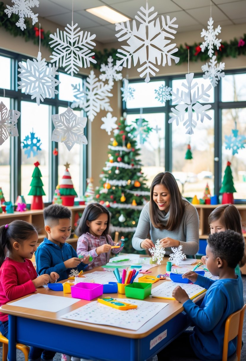 Children and a teacher making paper snowflake decorations in a brightly decorated classroom during Christmas.