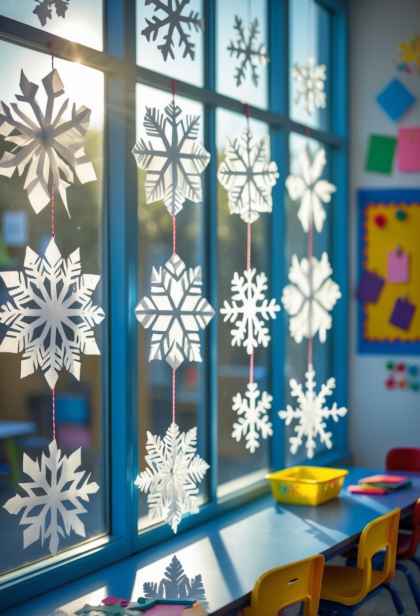 A classroom window decorated with white tissue paper snowflakes and craft supplies on tables nearby.