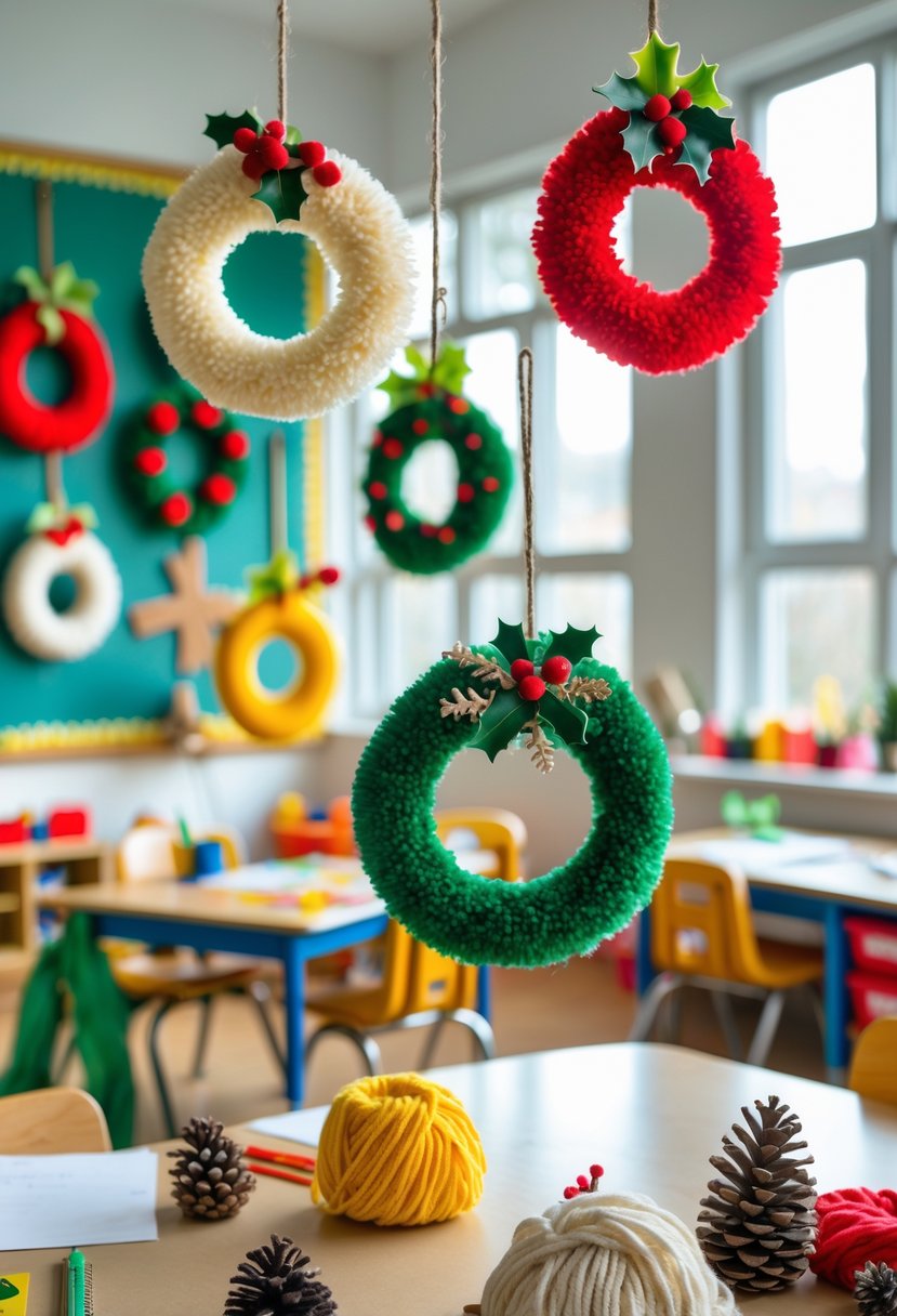 Colorful pom pom Christmas wreaths displayed in a classroom with craft supplies on tables and natural light coming through windows.