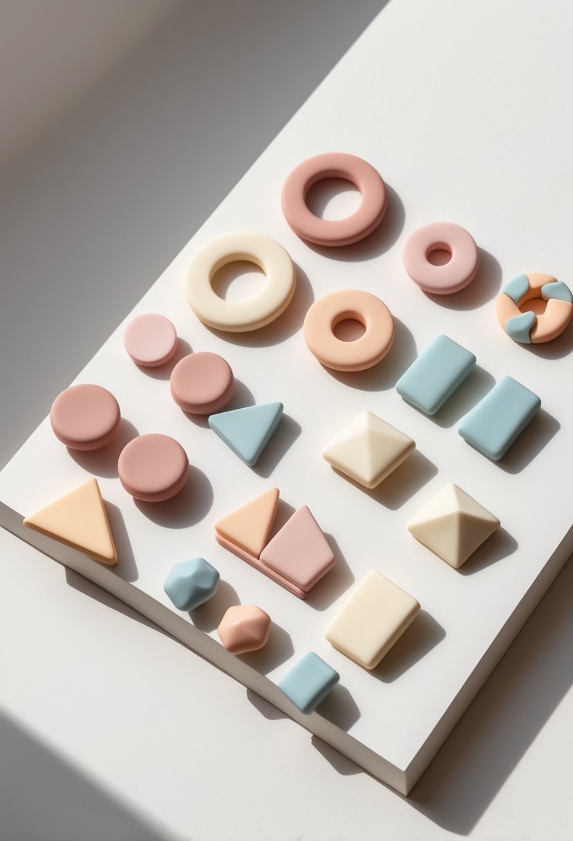 A collection of minimalist geometric polymer clay earrings in pastel colors arranged on a neutral background.