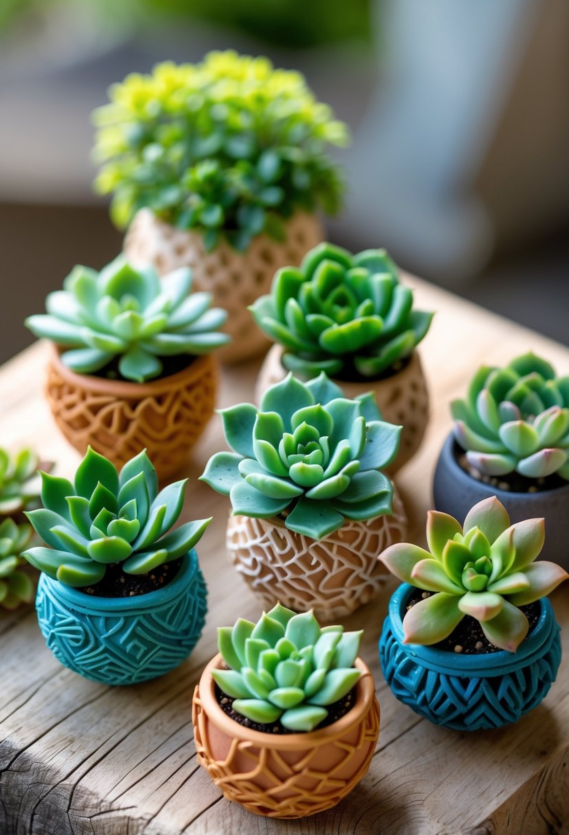 A group of small succulent plants in various textured polymer clay pots arranged on a wooden surface.