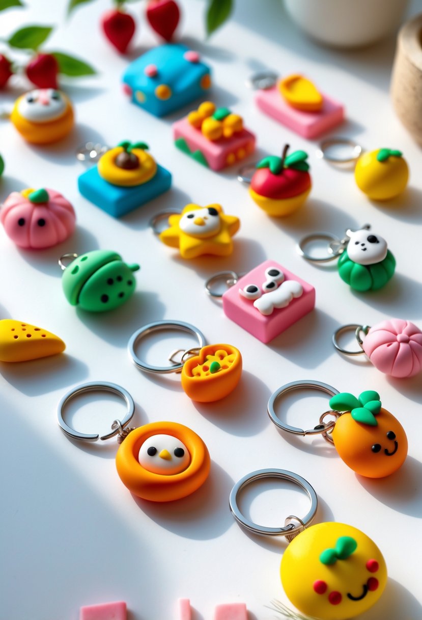 A collection of colorful polymer clay keychains with simple designs arranged on a white surface, with crafting tools nearby.