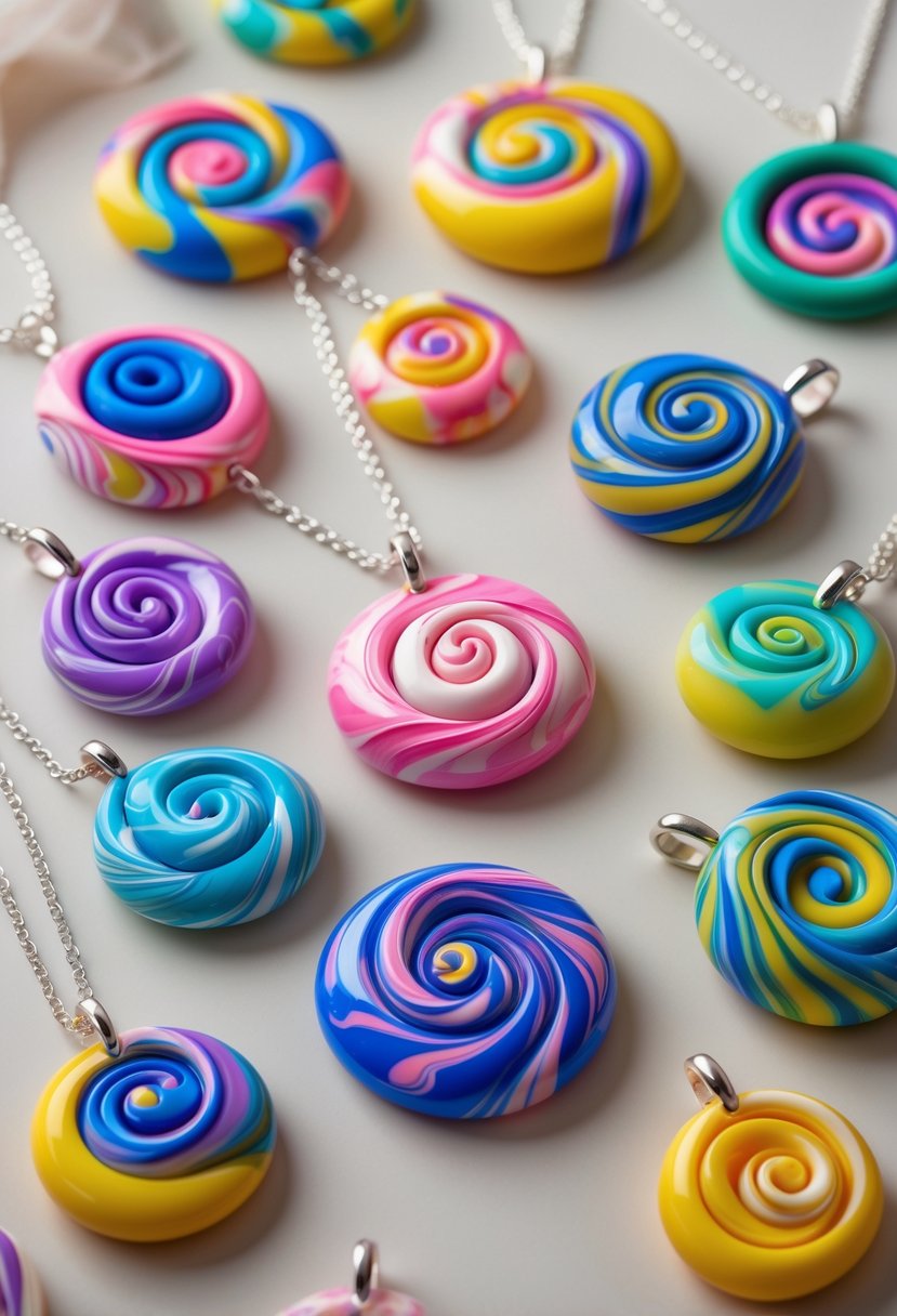 A collection of colorful marbled swirl polymer clay pendants arranged on a neutral background.
