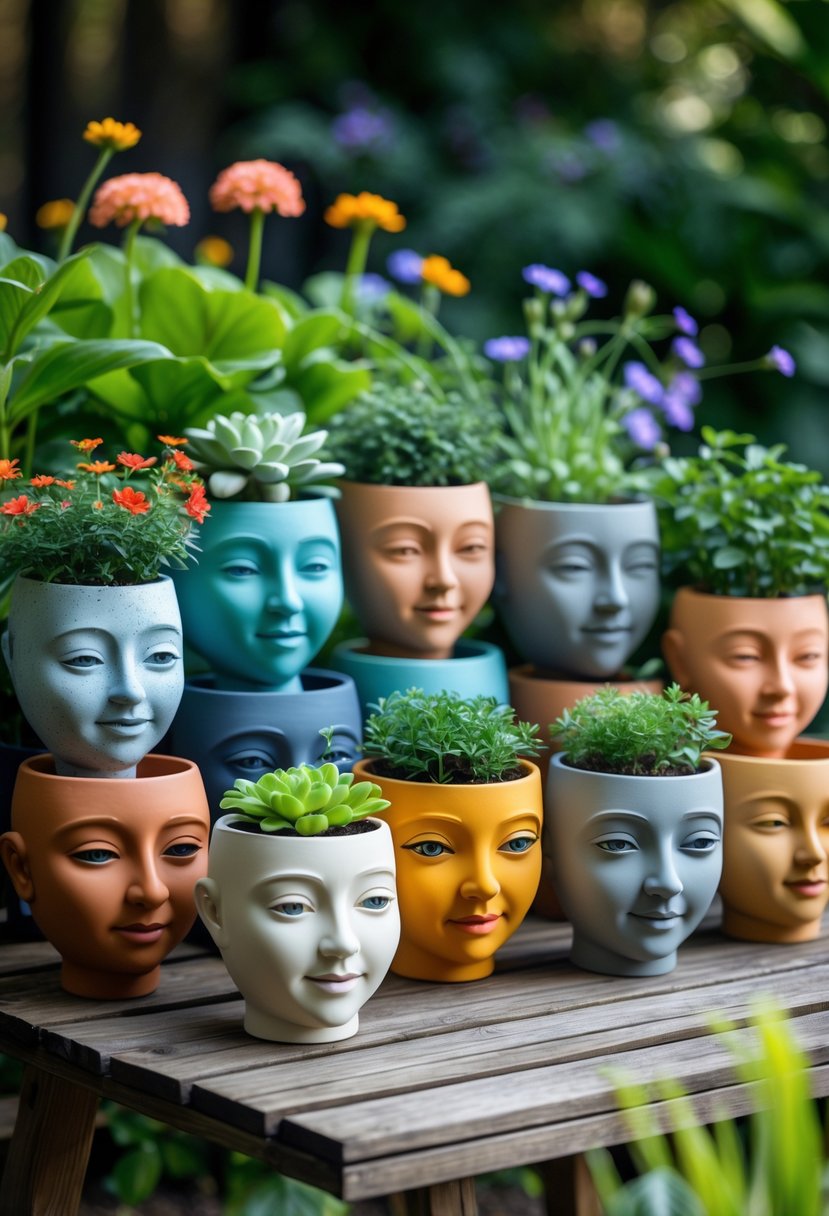 A group of 15 face-shaped clay planters filled with plants arranged on a wooden table in a garden setting.