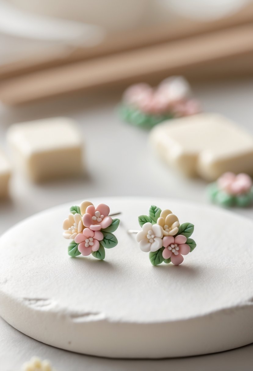 Close-up of tiny floral polymer clay stud earrings on a neutral background with crafting tools blurred in the background.