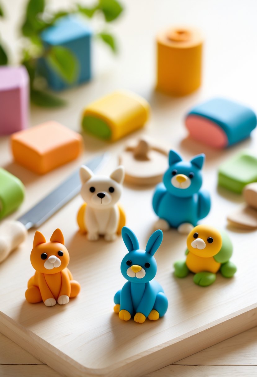 A group of small, colorful polymer clay animal figurines arranged on a wooden surface with crafting tools blurred in the background.