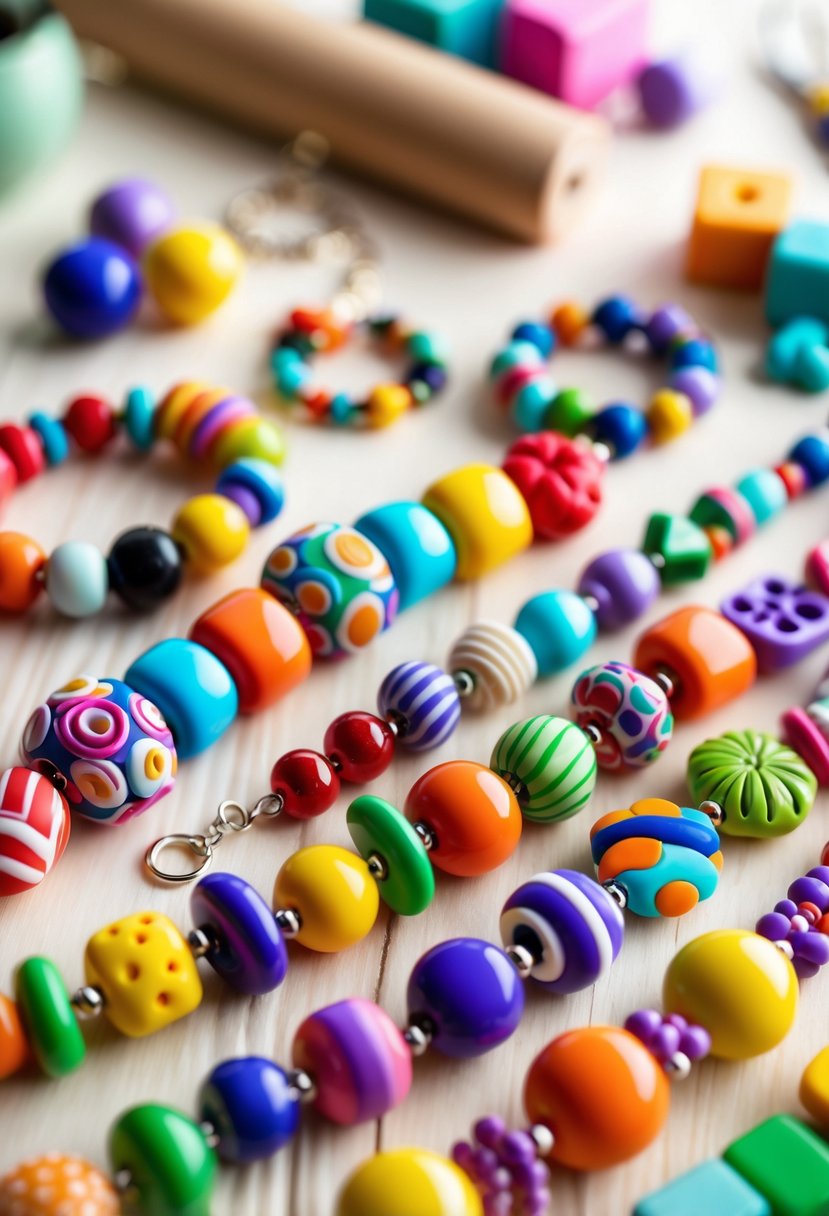 A collection of colorful handmade polymer clay bead jewelry including bracelets, necklaces, and earrings arranged on a wooden surface with crafting tools in the background.