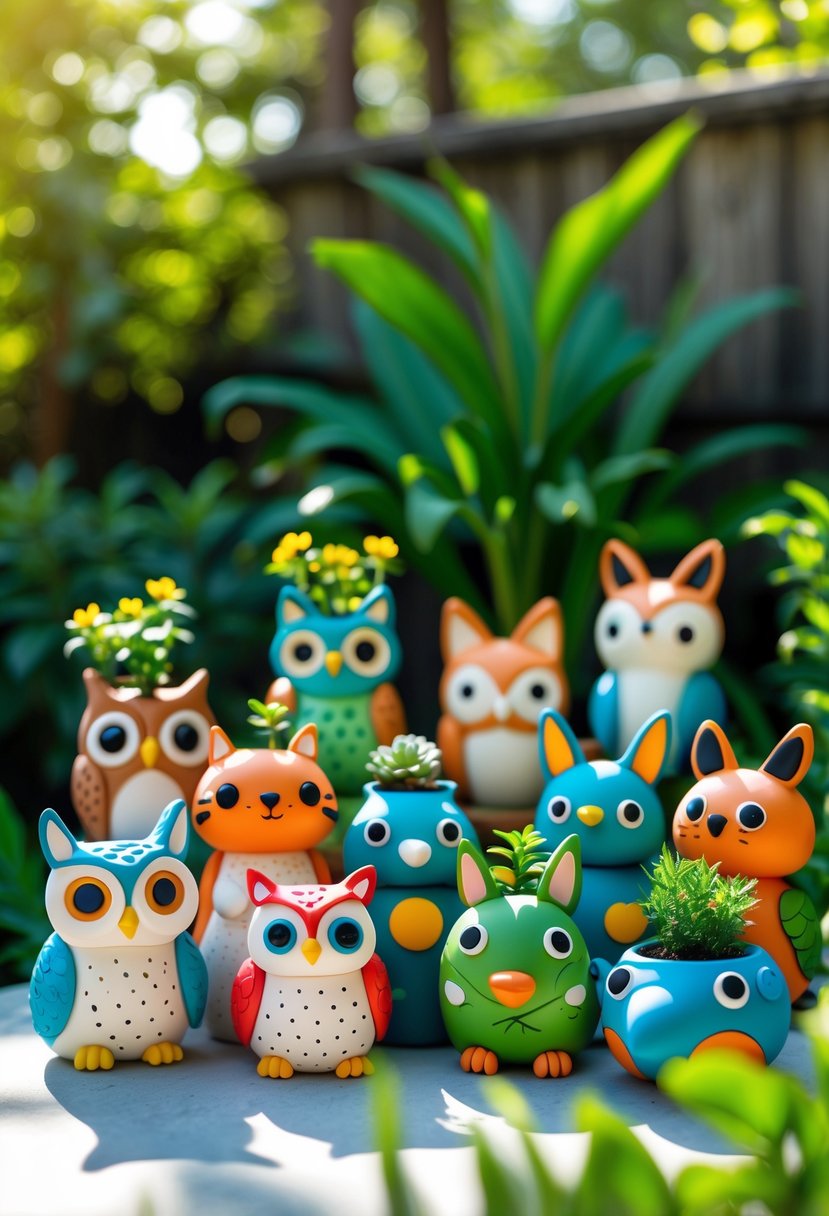 A collection of colorful animal-shaped polymer clay planters holding green plants, arranged outdoors in a garden with greenery and sunlight.