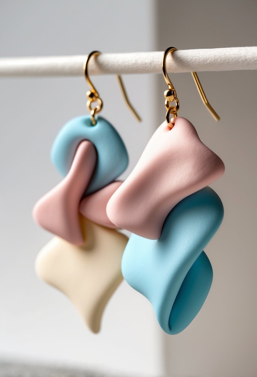 Close-up of a pair of abstract shape dangle earrings made from pastel-colored polymer clay hanging from gold hooks against a neutral background.