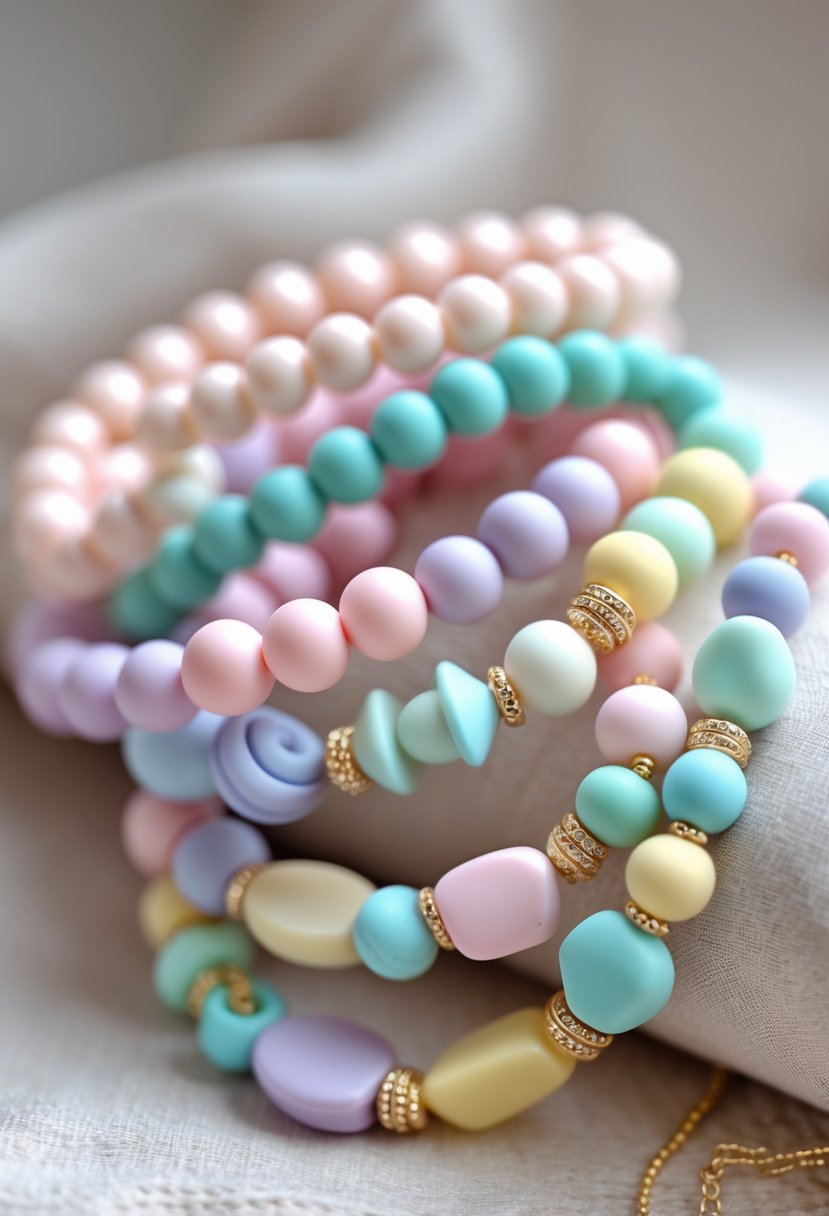 Close-up of several layered pastel-colored bead bracelets arranged on a neutral surface.