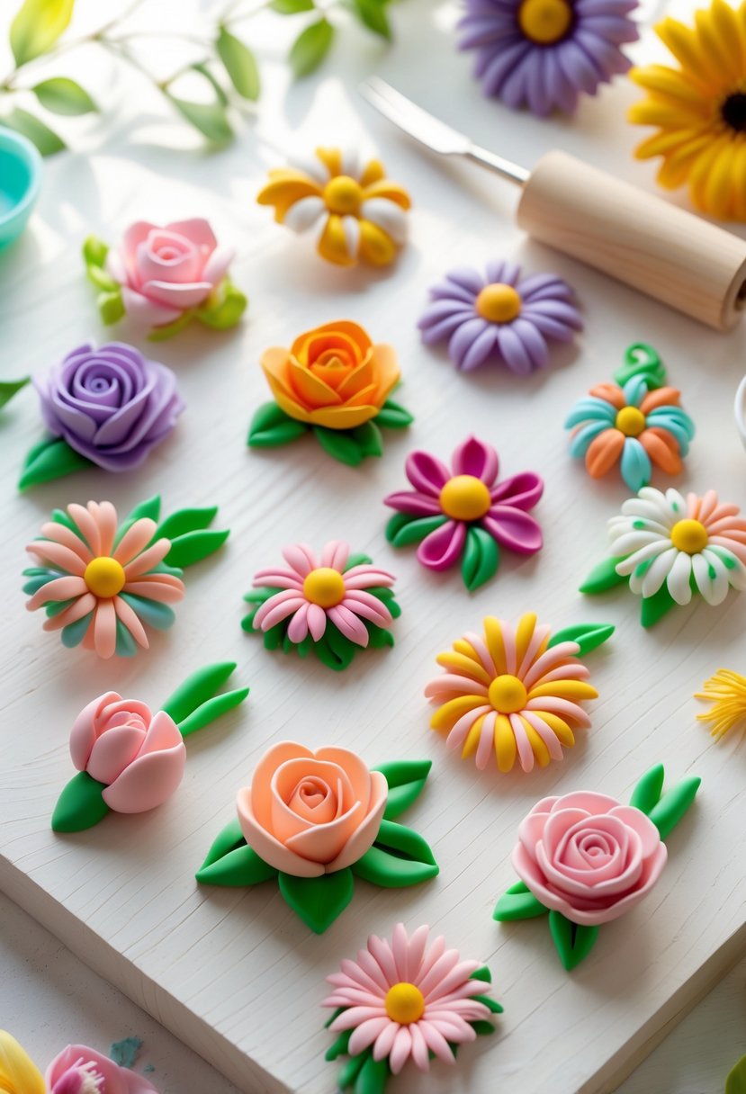 A collection of colorful polymer clay flower pendants arranged on a wooden surface with crafting tools nearby.