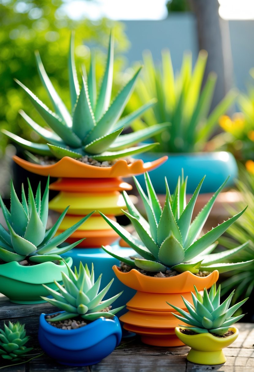 A collection of layered aloe vera plants in colorful, creatively designed polymer clay planters displayed outdoors in a garden setting.