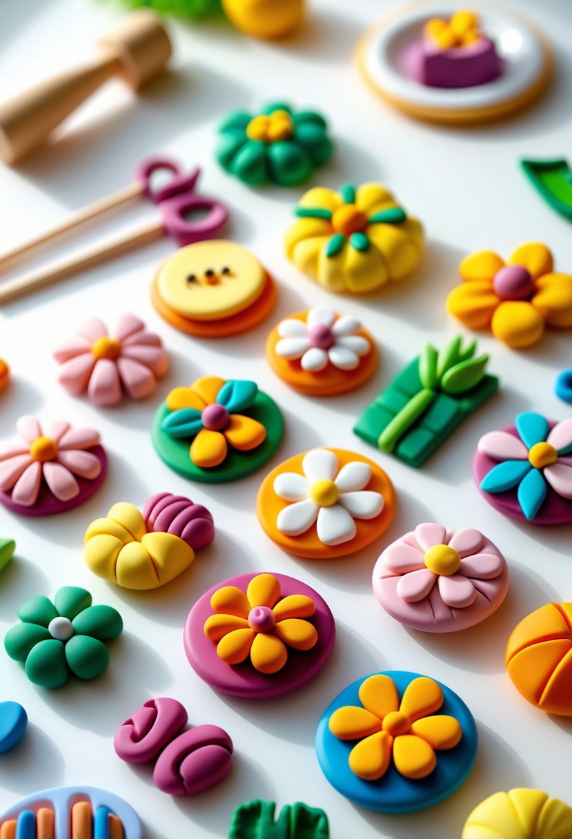 A collection of colorful polymer clay magnets shaped like flowers, fruits, and animals arranged on a white surface with crafting tools blurred in the background.
