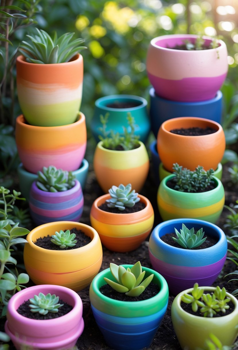 Fifteen colorful polymer clay planter pots with ombre colors arranged outdoors with plants inside some pots.