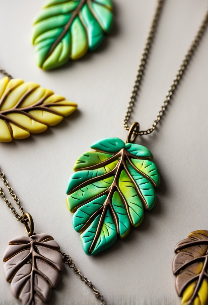 Close-up of several textured leaf pendant necklaces made from polymer clay arranged on a neutral background.