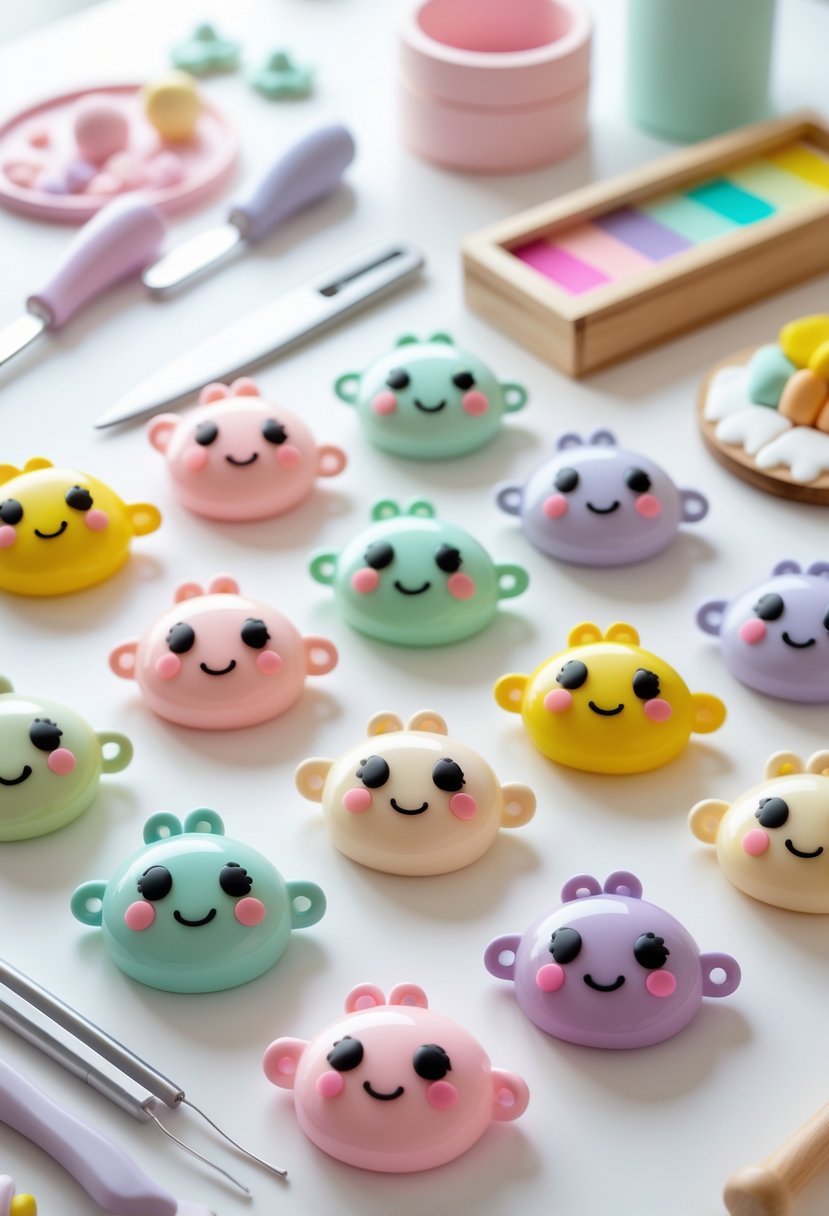 A workspace with 15 small colorful polymer clay face charms and crafting tools arranged on a white surface.
