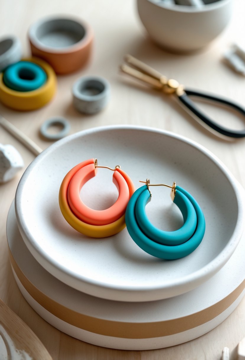 Close-up of colorful polymer clay hoop earrings displayed on a white dish with crafting tools in the background.