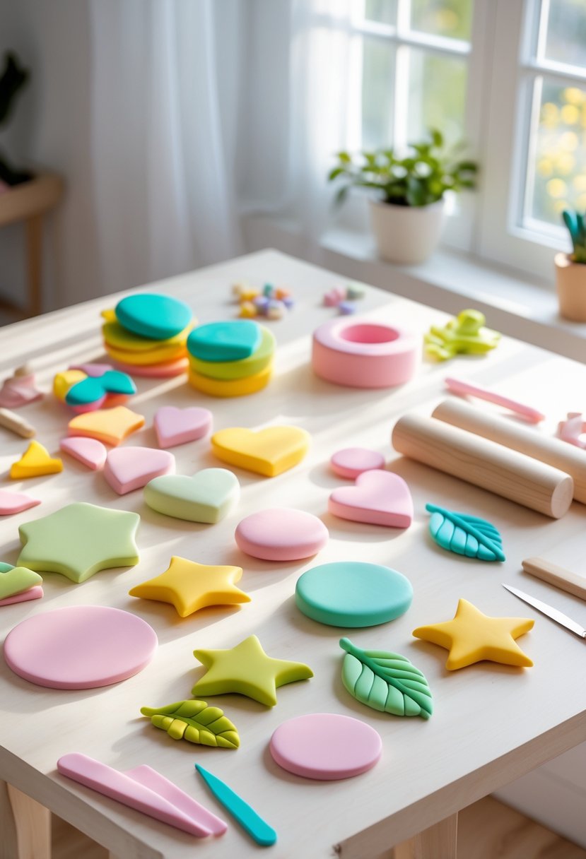A table with colorful polymer clay ornaments shaped like stars, hearts, circles, and leaves, along with clay crafting tools.
