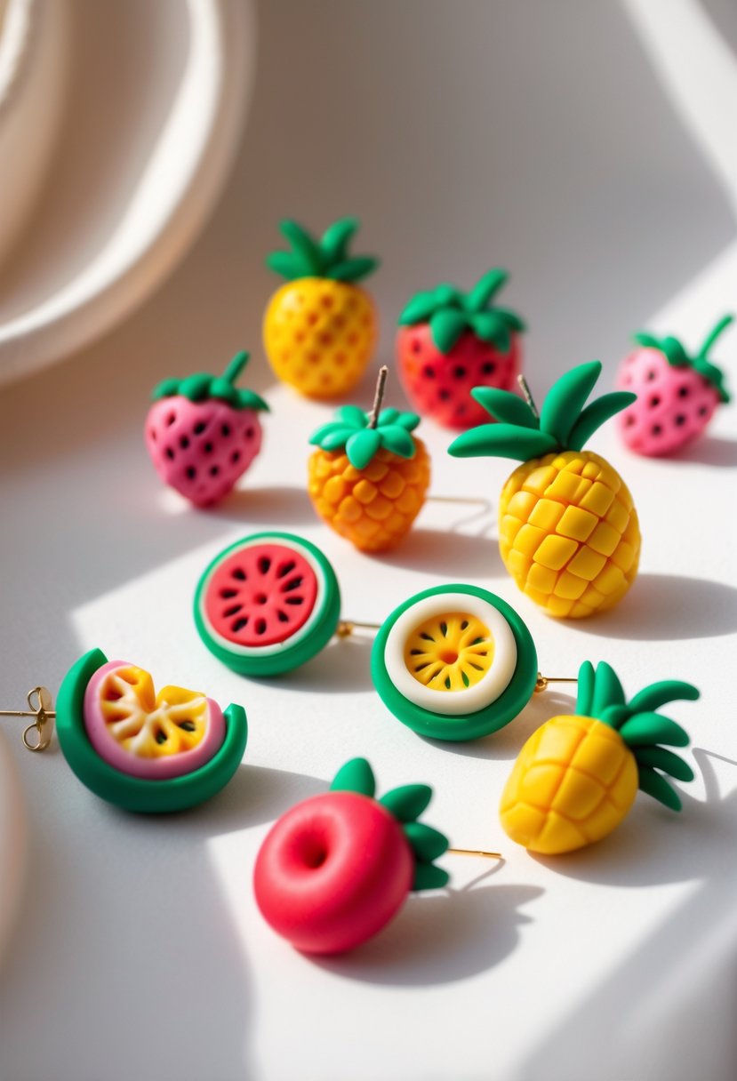 Close-up view of colorful miniature fruit-shaped earrings arranged on a neutral surface.