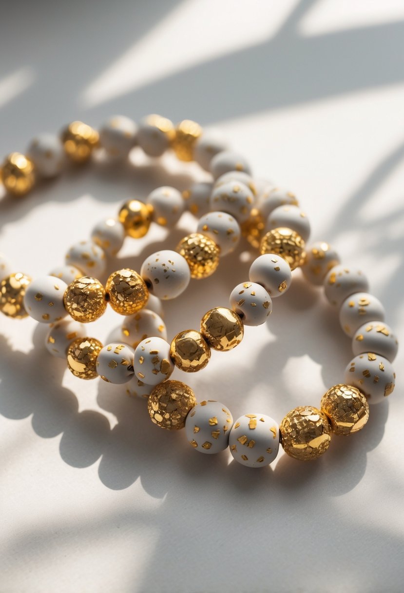 Close-up of several gold-flecked polymer clay bead bracelets arranged on a neutral surface.