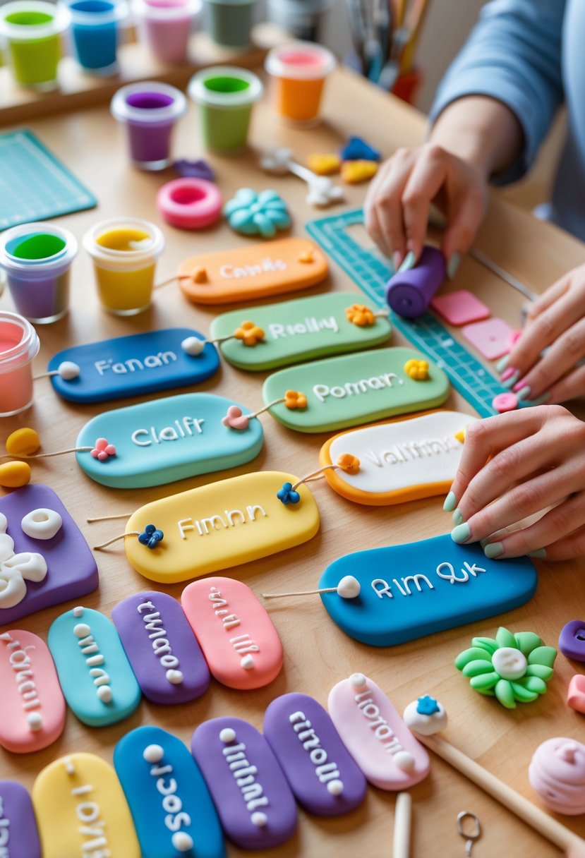 Hands crafting colorful custom name tags from polymer clay on a wooden table with crafting tools and materials around.