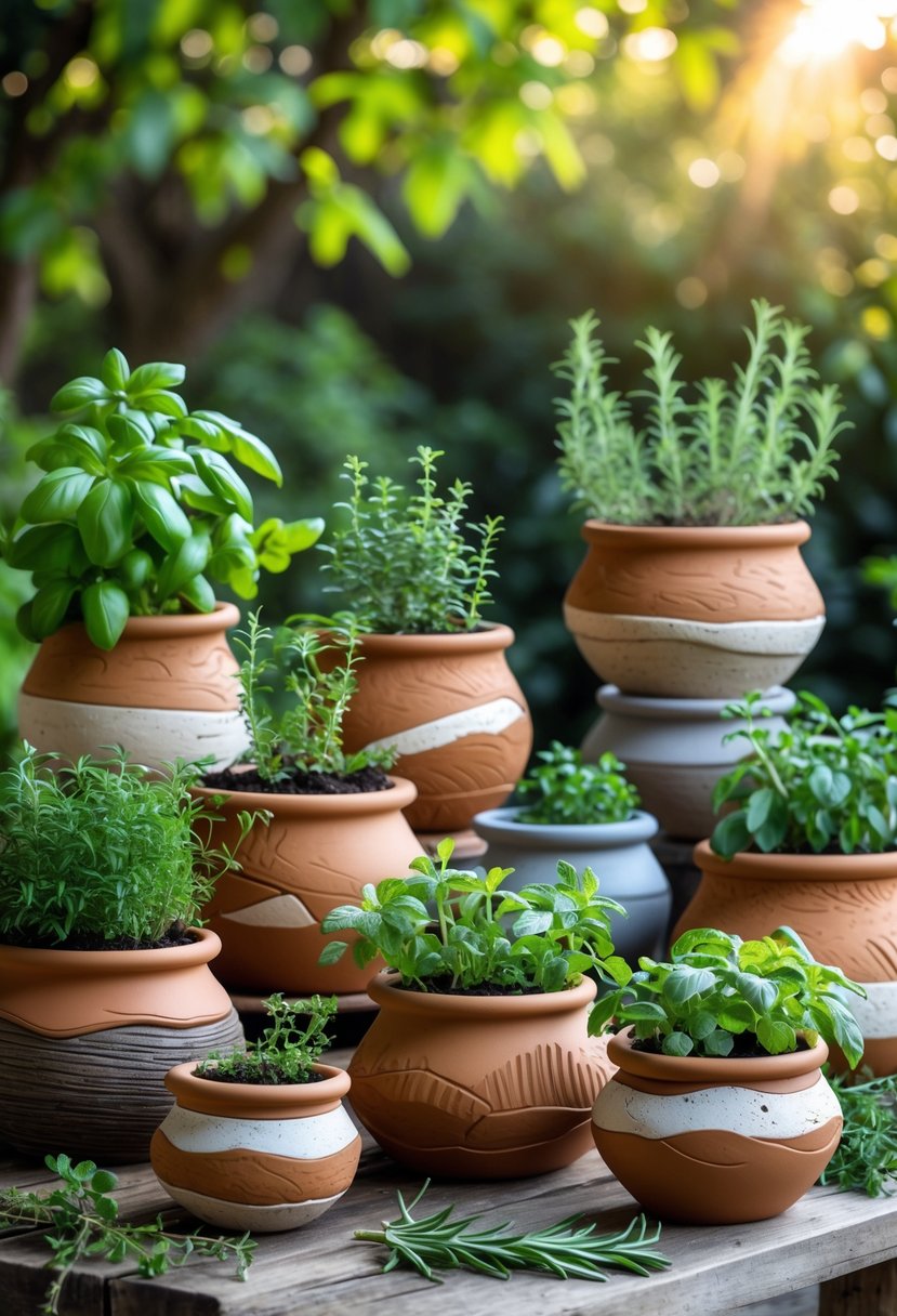 A collection of 15 handcrafted rustic clay herb pots with fresh green herbs on a wooden table outdoors in a garden setting.