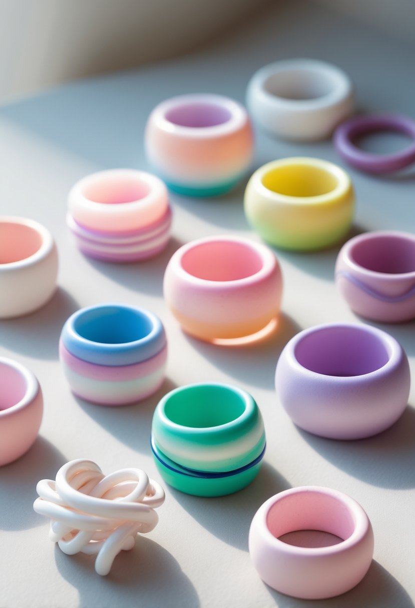 A collection of colorful polymer clay rings with ombre gradients arranged neatly on a smooth surface.