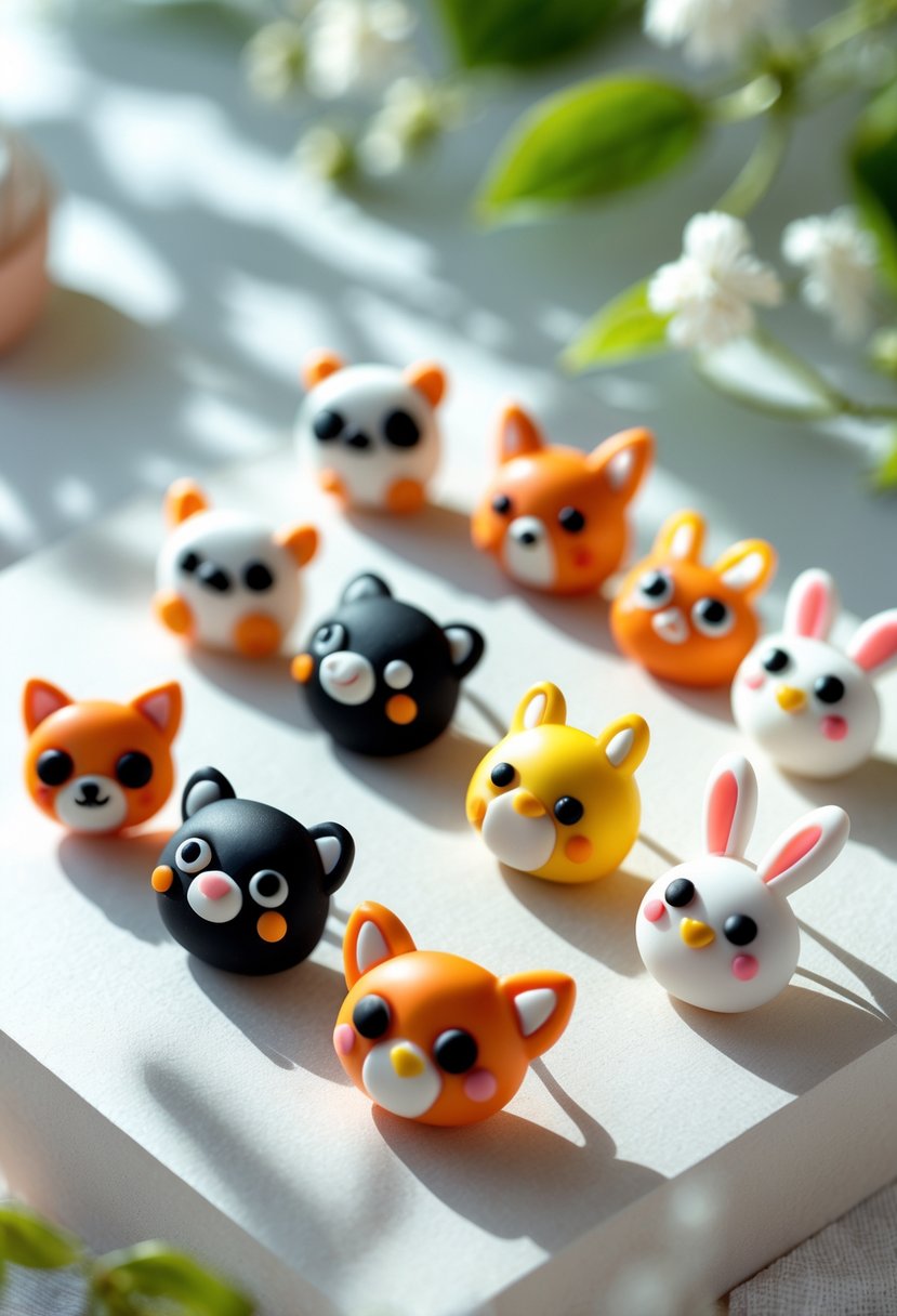 Close-up of colorful animal-shaped polymer clay earrings arranged on a light surface.