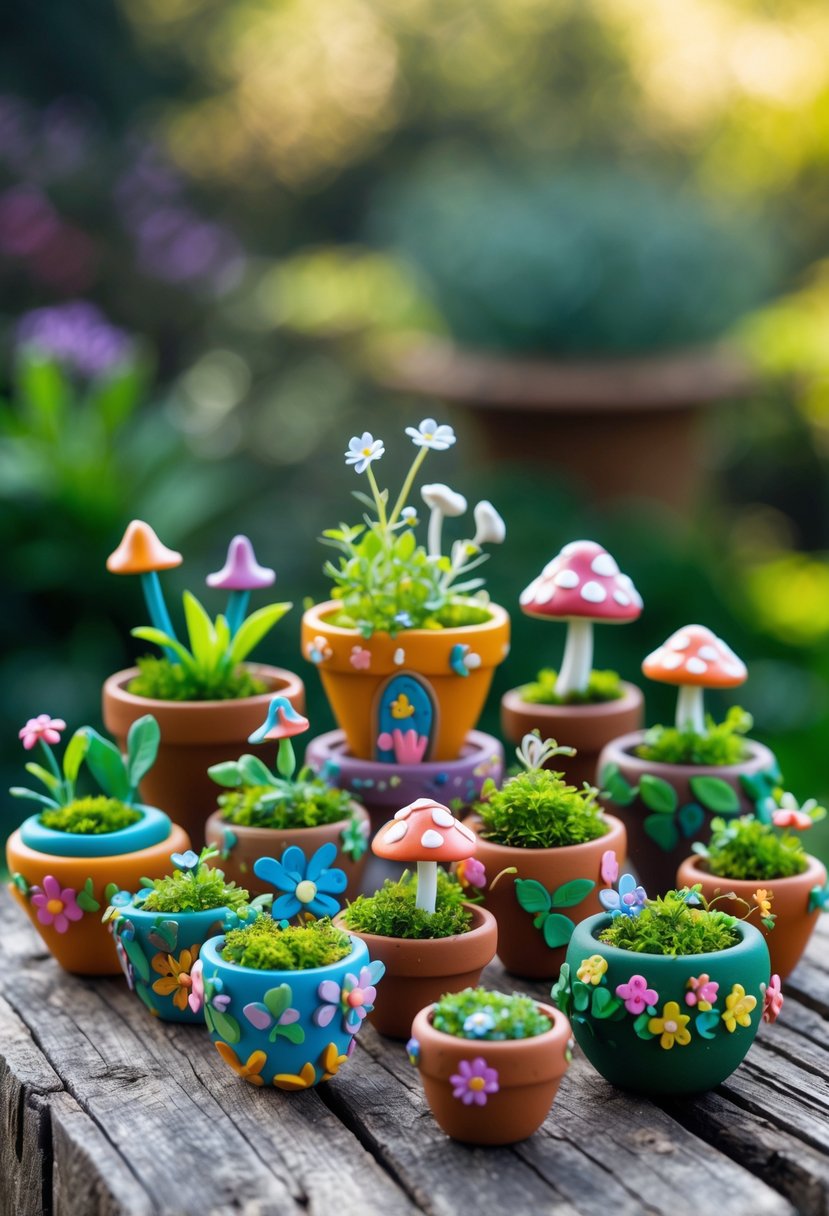 A collection of 15 small colorful clay pots with miniature plants arranged on a wooden surface in a garden setting.