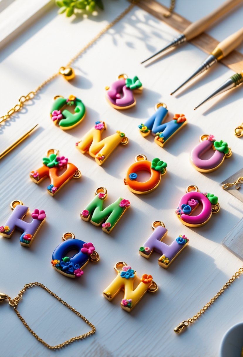 A collection of colorful custom initial monogram charms made from polymer clay arranged on a wooden surface with jewelry-making tools nearby.